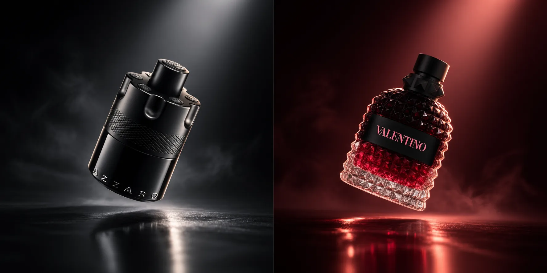 Frascos de Azzaro The Most Wanted y Valentino Born in Roma iluminados sobre fondo oscuro